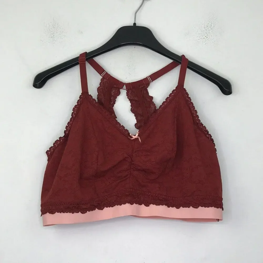 Cacique 18/20 Bralette Red Pink Racerback Stretch Lace Unpadded Wireless CK25